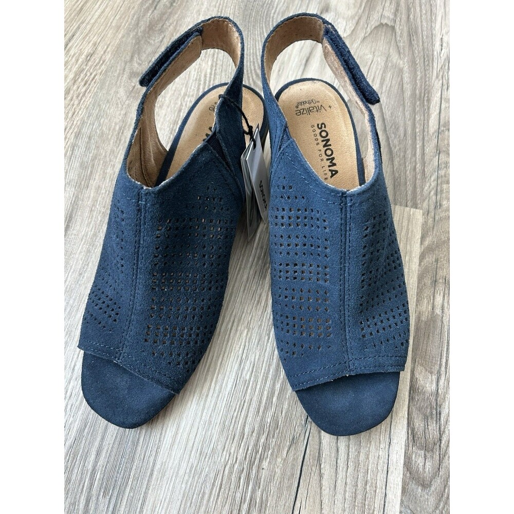 NWOB Sonoma Goods For Life Lisbeth Navy Suede Block Heel Sandals Size 7 M Boho